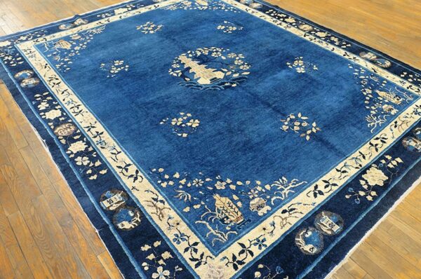 Floral antique late 19th century scenic medallion blue field chinese room size peking rug - image 2