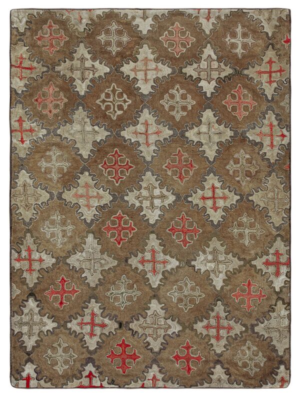 Antique circa 1880 american hooked loop pile featuring muted brown khaki and stylized cross motifs carpet by rugs on net