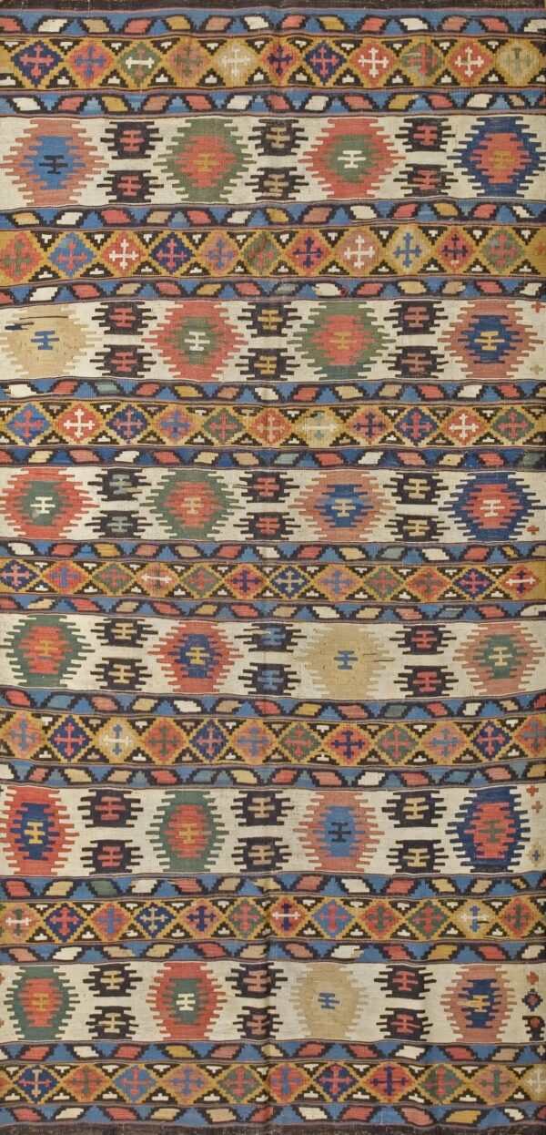 Antique circa 1890 caucasian kilim with serrated geometric motifs and multicolor jewel tones rug by rugs on net