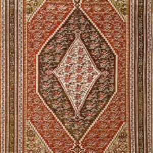 Antique Circa 1900 Persian Senneh Flatweave Rug Featuring a Rust Brown Olive Palette and Tribal Design Carpet by Rugs On Net