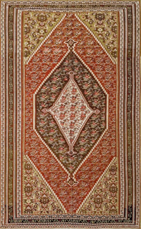 Antique circa 1900 persian senneh flatweave rug featuring a rust brown olive palette and tribal design carpet by rugs on net
