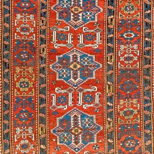 Antique Circa 1900 Shirvan Caucasian Rust Red Indigo Palette Stylized Butterfly Guard Border Rug by Rugs On Net