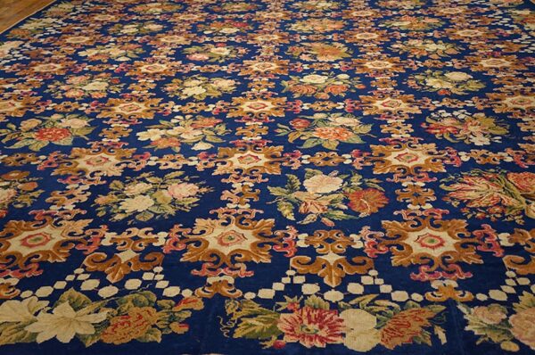 Blue floral fleur de lis design early 19th century antique oversized english needlepoint carpet - image 6
