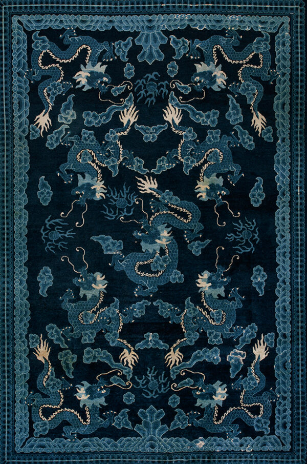 Formidable dark blue background with dragon pattern antique chinese peking rug