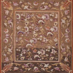 Antique French Aubusson Flat Weave Brown Earth Tone Acanthus Corner Border Rug by Rugs On Net