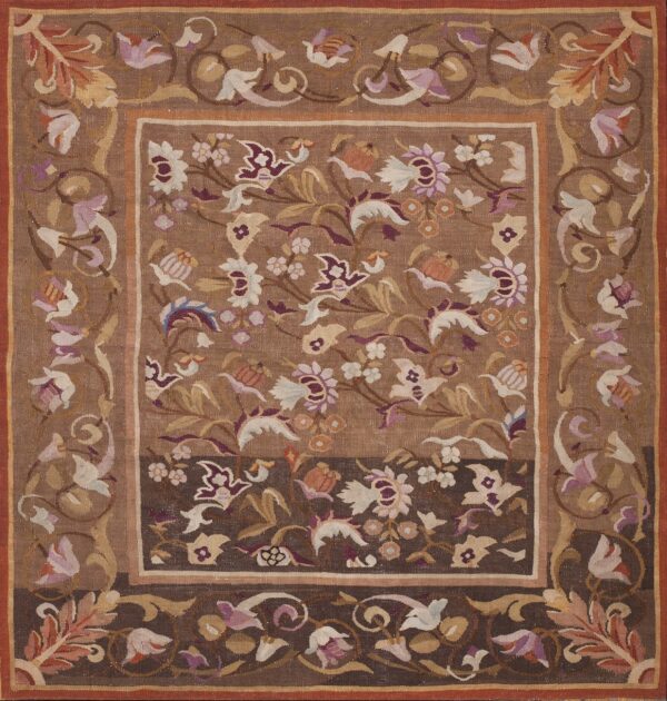 Antique french aubusson flat weave brown earth tone acanthus corner border rug by rugs on net