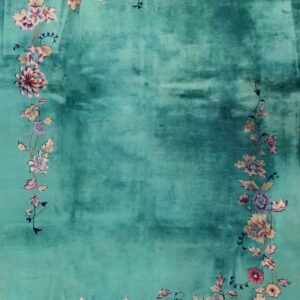 Green Ground with Flowers Antique Chinese Art Deco Rug