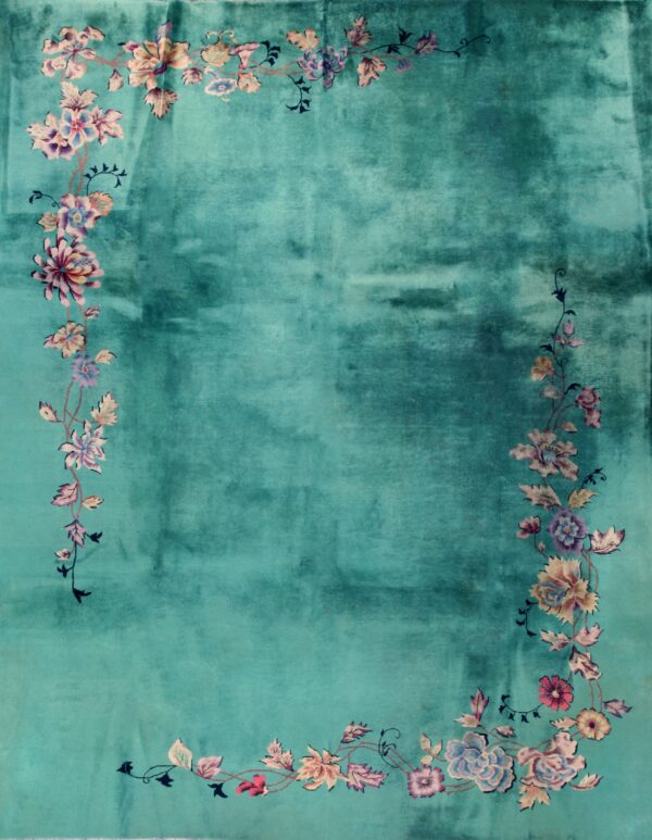 Green ground with flowers antique chinese art deco rug
