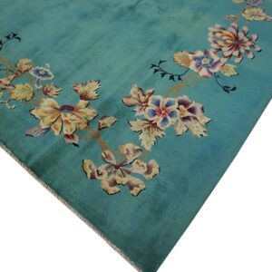 Green Ground with Flowers Antique Chinese Art Deco Rug