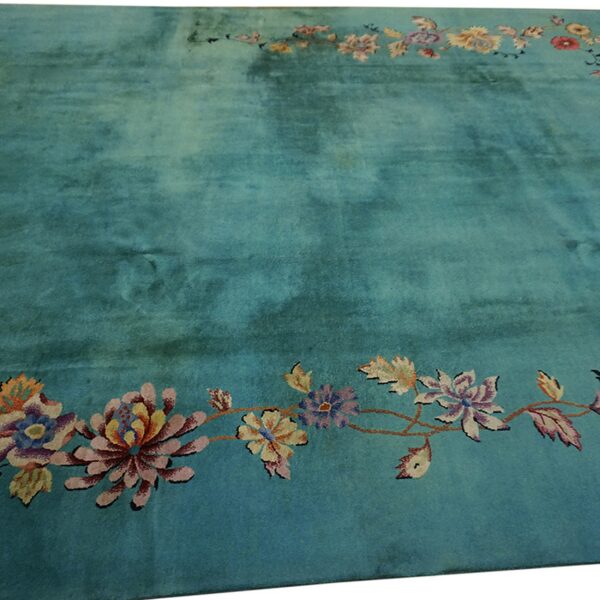 Green ground with flowers antique chinese art deco rug