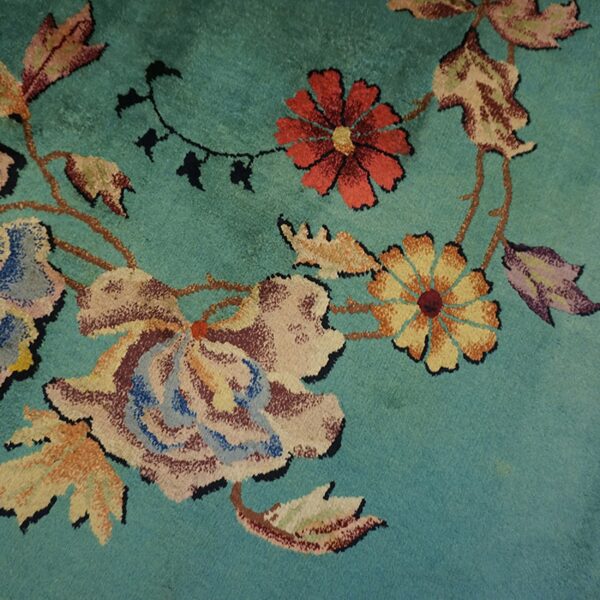 Green ground with flowers antique chinese art deco rug