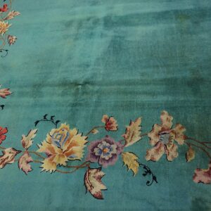 Green Ground with Flowers Antique Chinese Art Deco Rug