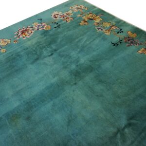 Green Ground with Flowers Antique Chinese Art Deco Rug