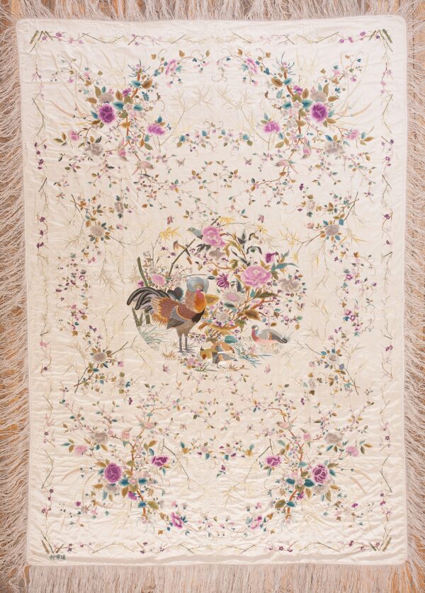 1900s ivory floral tapestry chinese silk embroidery 5'10" x 9' wall hanging