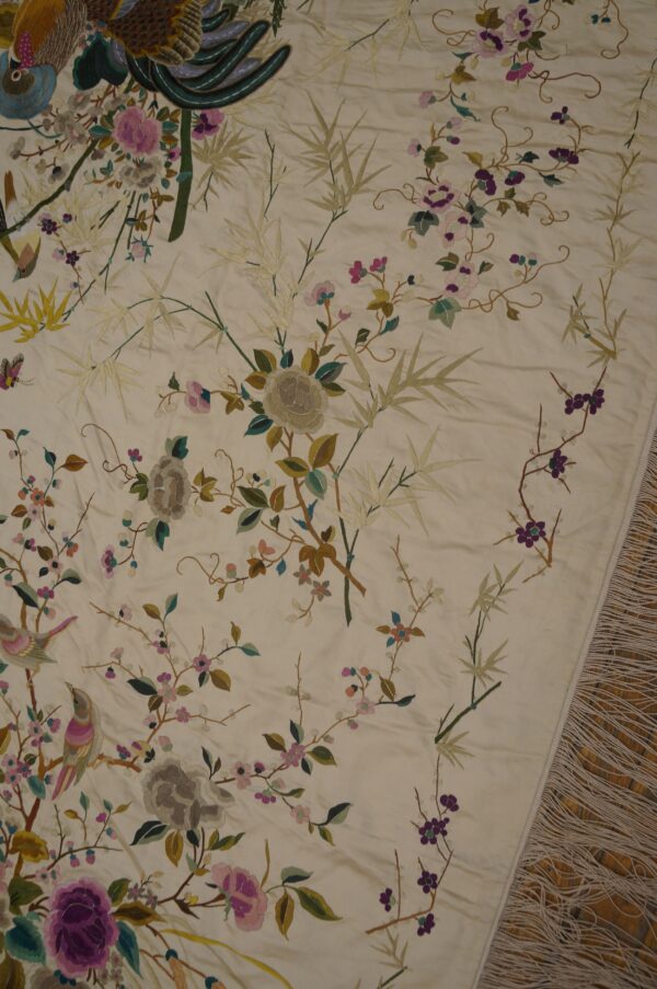 1900s ivory floral tapestry chinese silk embroidery 5'10" x 9' wall hanging
