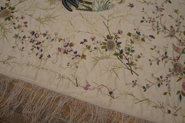 1900s ivory floral tapestry chinese silk embroidery 5'10" x 9' wall hanging
