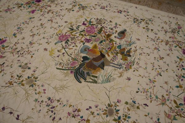 1900s ivory floral tapestry chinese silk embroidery 5'10" x 9' wall hanging