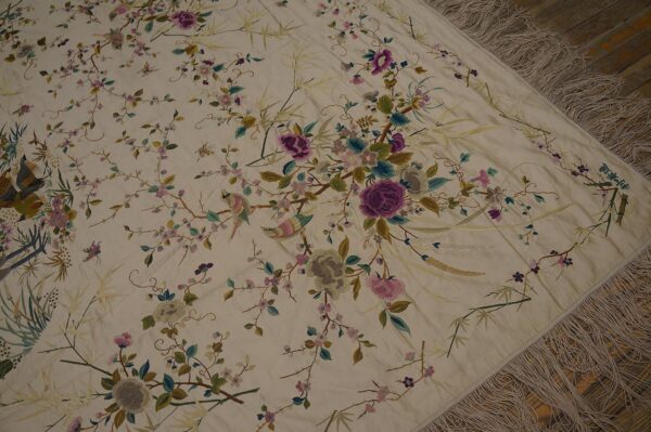 1900s ivory floral tapestry chinese silk embroidery 5'10" x 9' wall hanging