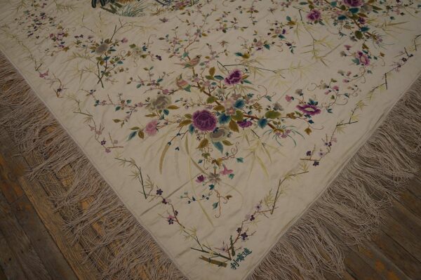 1900s ivory floral tapestry chinese silk embroidery 5'10" x 9' wall hanging
