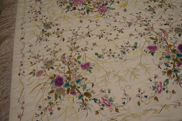 1900s ivory floral tapestry chinese silk embroidery 5'10" x 9' wall hanging