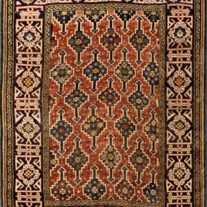 Antique Kuba Hand Knotted Wool Rectangle Rust and Indigo Ground Repeating Keyhole Pattern Caucasus Rug by Rugs On Net
