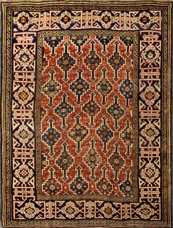 Antique kuba hand knotted wool rectangle rust and indigo ground repeating keyhole pattern caucasus rug by rugs on net