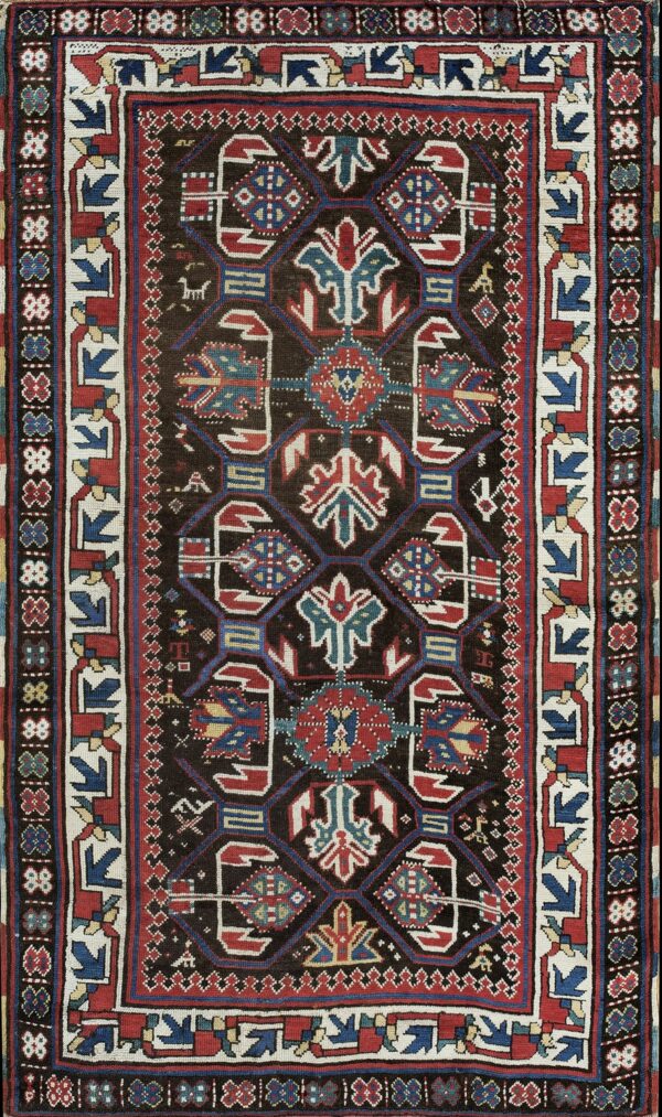 Antique late 19th century caucasus kazak brown earth tone with vertical geometric medallions rug by rugs on net
