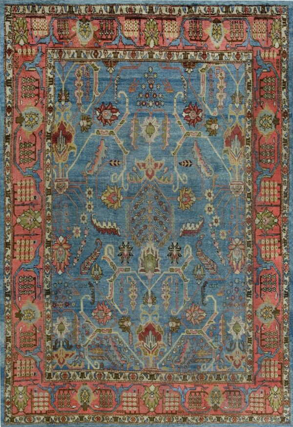 Antique oversized khotan hand knotted wool rectangle rug with all-over floral lattice and dusty blue field rug by rugs on net