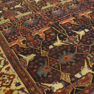 Close-up of a dark field rug featuring stylized animals and floral motifs, by Rugs On Net