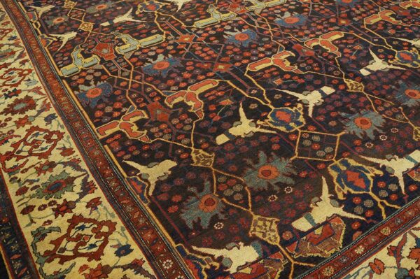 Close-up of a dark field rug featuring stylized animals and floral motifs, by rugs on net
