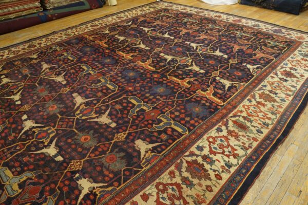 Dark field rug with stylized birds and floral motifs, by rugs on net