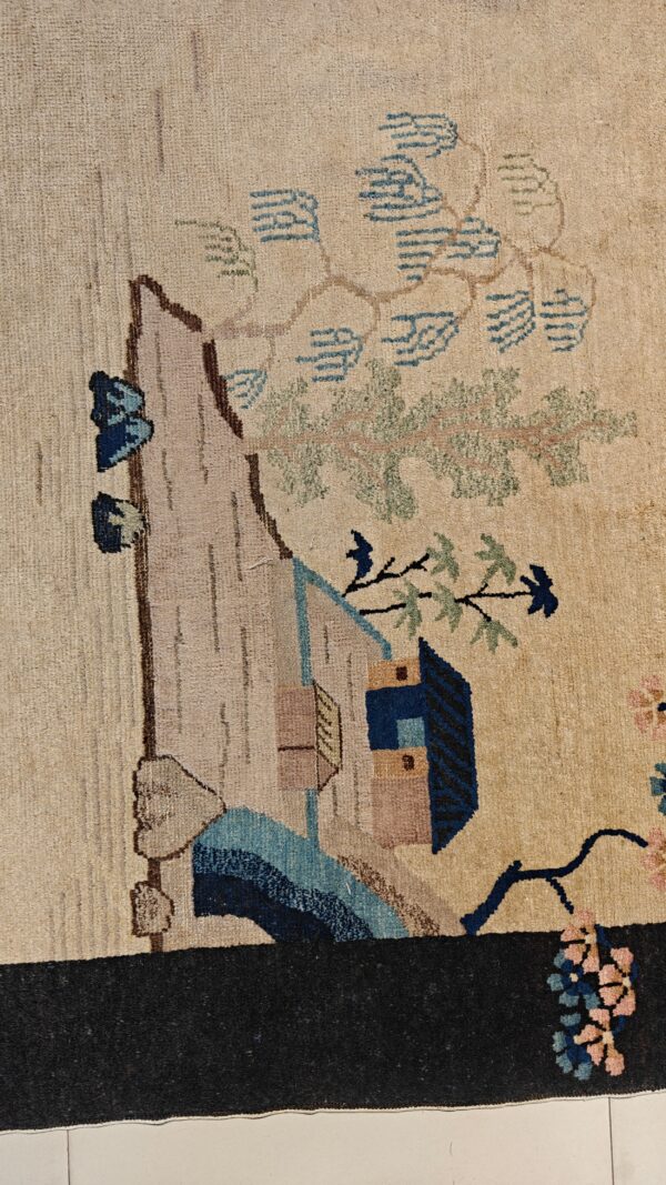 Pair of scenic pictorial antique ivory chinese art deco carpets - image 8