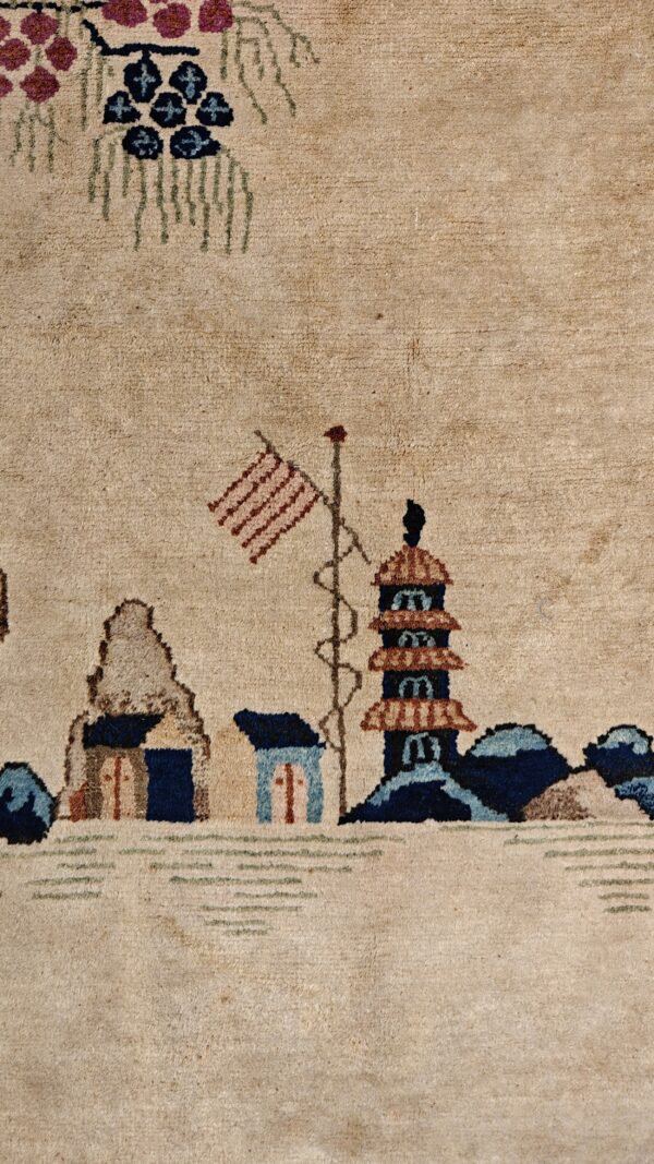 Pair of scenic pictorial antique ivory chinese art deco carpets - image 7