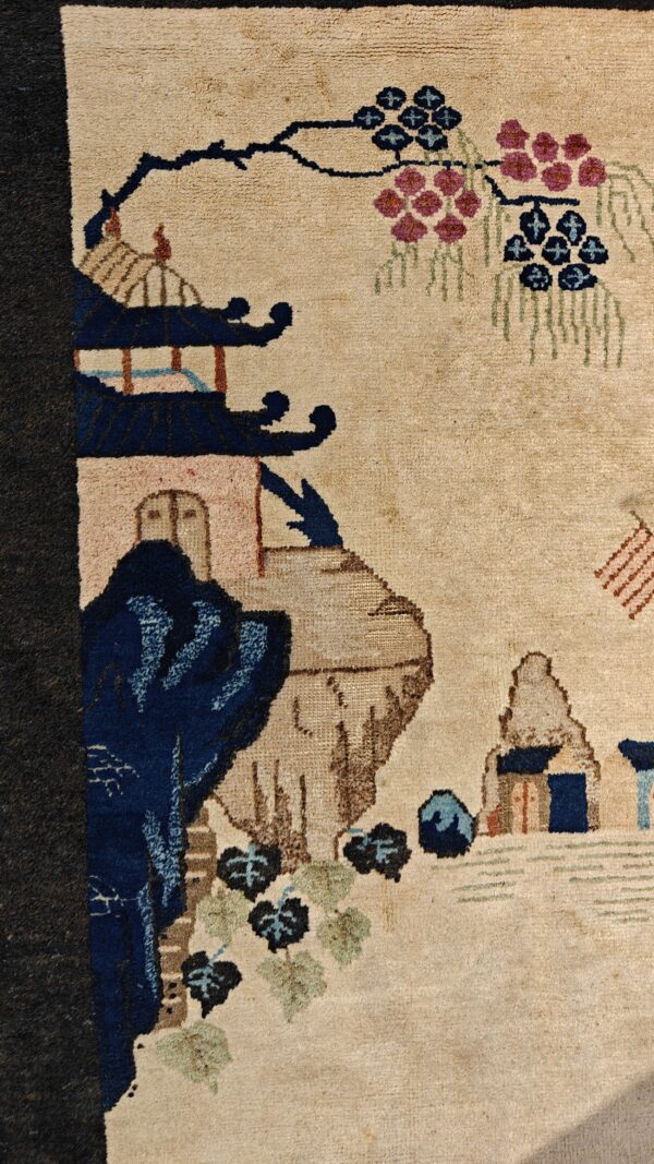 Pair of scenic pictorial antique ivory chinese art deco carpets - image 6