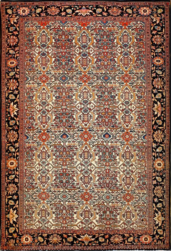 Antique persian sarouk circa 1880 ivory lattice field and terracotta blue accents wool rug by rugs on net