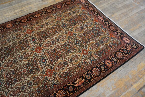 Close-up view of a cream field rug with intricate floral patterns in red and blue, bordered in black, by rugs on net