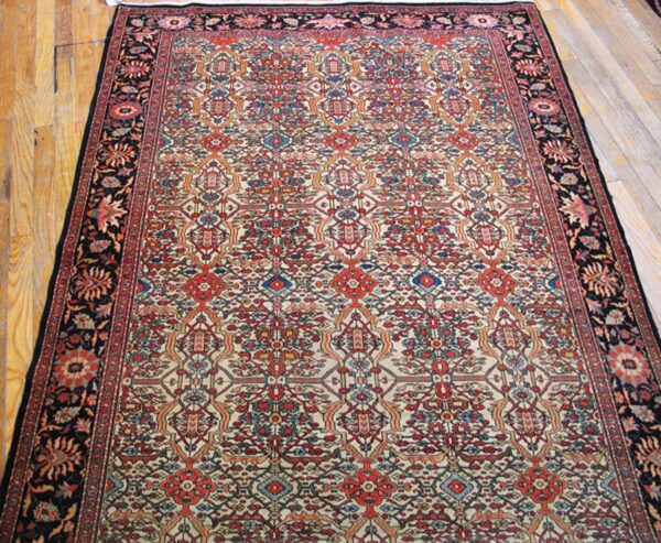 Close-up of a traditional oriental rug with intricate red, blue, and cream patterns on a dark border, by rugs on net