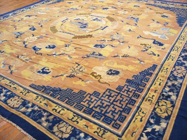Antique chinese lions food dogs design square room size 18th century ningxia rug - image 9