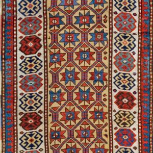 Antique Russian Moghan Highly geometric tribal runner in Saffron Gold and Ochre Yellow Carpet by Rugs On Net