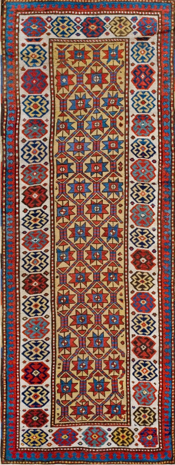 Antique russian moghan highly geometric tribal runner in saffron gold and ochre yellow carpet by rugs on net