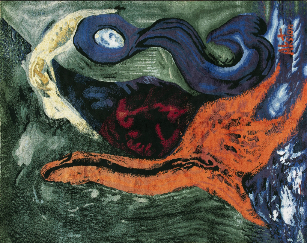 Abstract rug featuring painterly swirls of blue, orange, and red on a textured dark green background by rugs on net