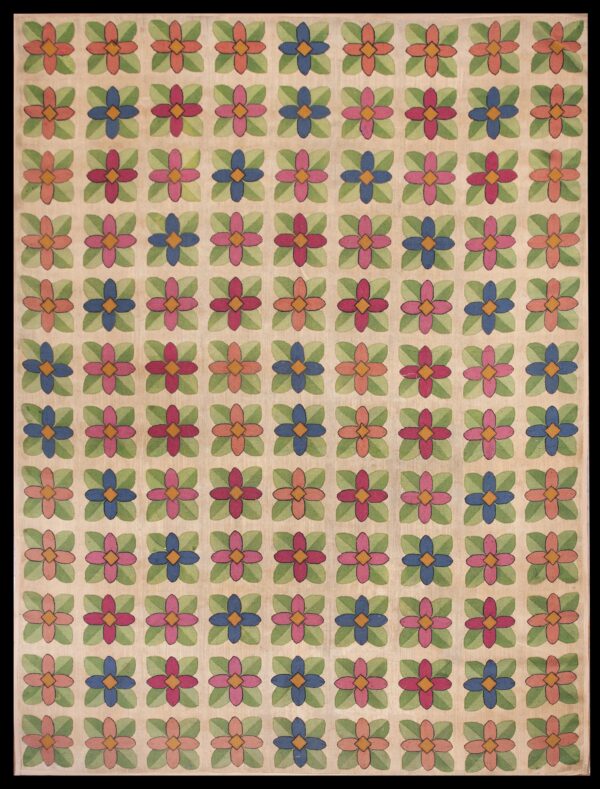 Awesome beige with tridimensional rose-green folk art style antique american rug by rugs on net