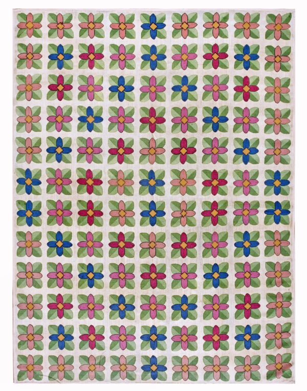 Grid of colorful floral motifs on a light background, by rugs on net