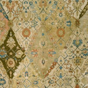 Close-up of a vintage patchwork rug pattern with muted greens, blues, and terracotta accents by Rugs On Net