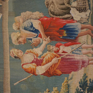 Woven scene of figures in flowing robes against a blue background from the 'Mythological Figures' tapestry by Rugs On Net. by Rugs On Net