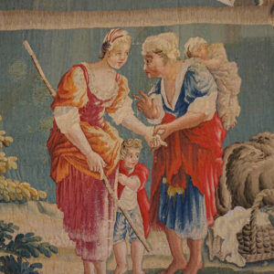 Pastoral scene featuring figures interacting, possibly a transaction, in a tapestry by Rugs On Net. by Rugs On Net