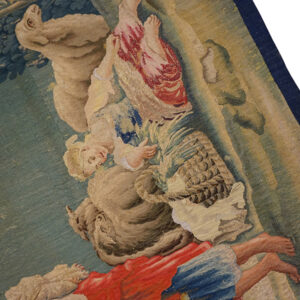 Close-up of a tapestry depicting figures and a sheep, likely from a mythological scene, by Rugs On Net