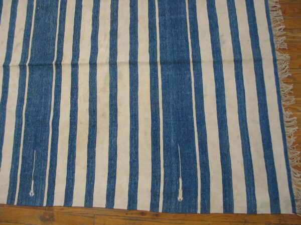 Early 20th century blue white stripes antique indian cotton dhurrie flatweave rug - image 4