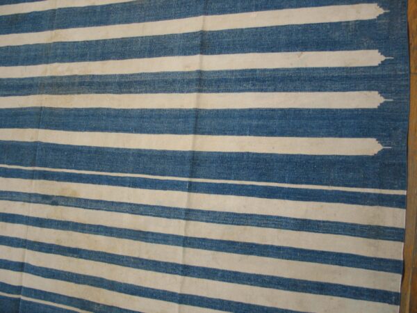 1930s blue white stripe antique indian dhurrie rug 7'9"x15'8" cotton flat carpet