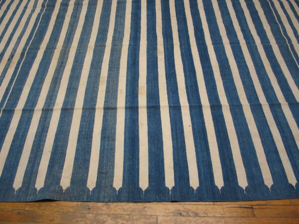 Early 20th century blue white stripes antique indian cotton dhurrie flatweave rug - image 5